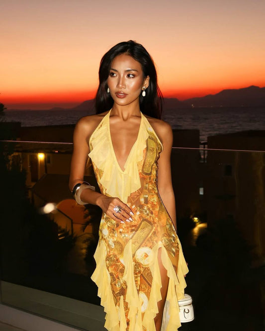 Gold Print Frill Dress