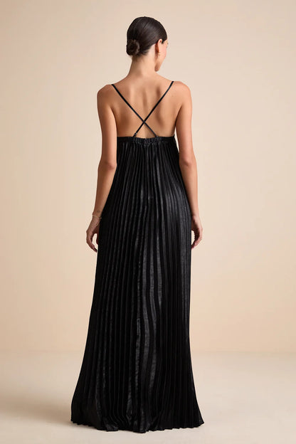 Brilliant Allure Black Pleated Maxi Dress