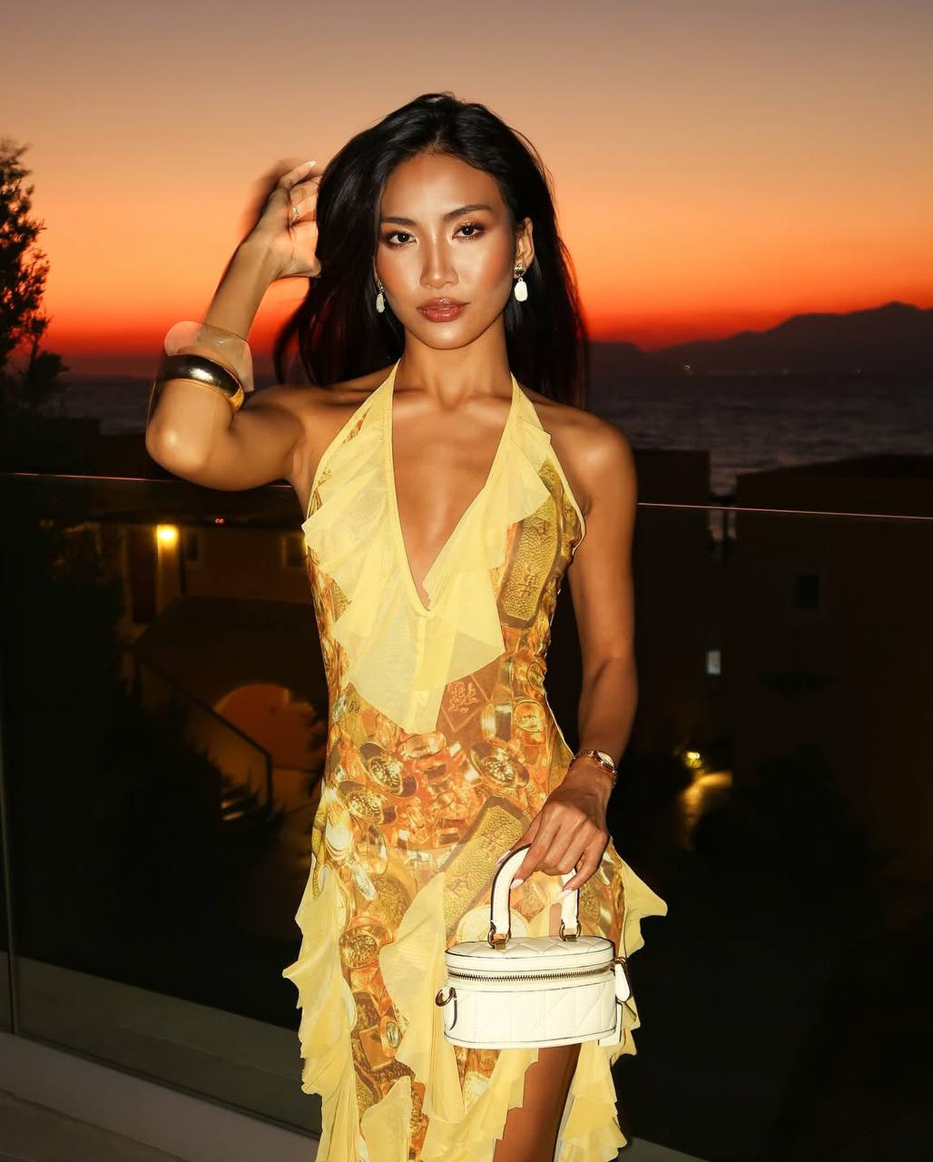 Gold Print Frill Dress
