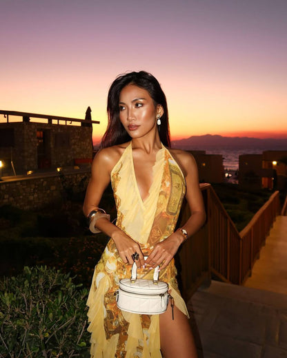 Gold Print Frill Dress