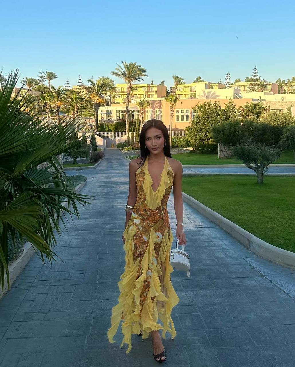 Gold Print Frill Dress