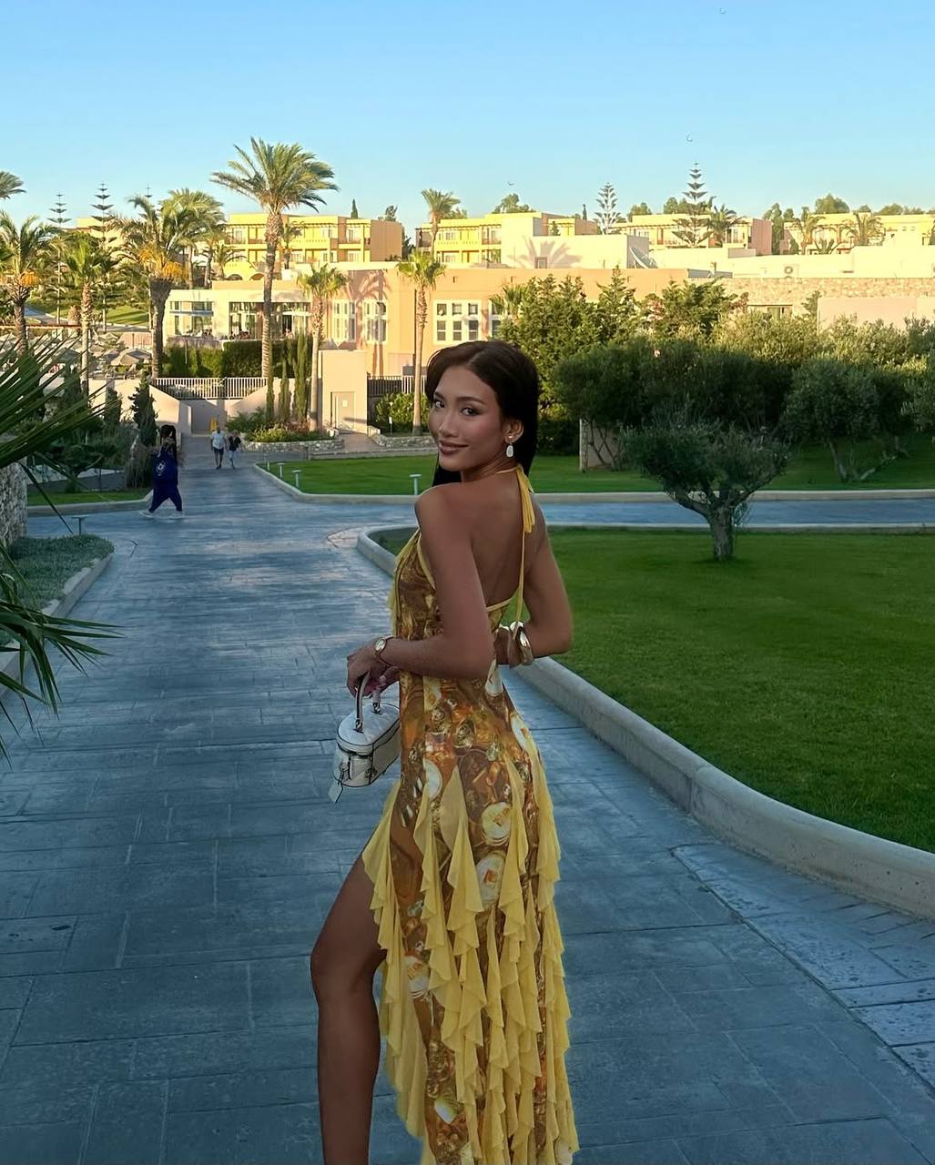 Gold Print Frill Dress