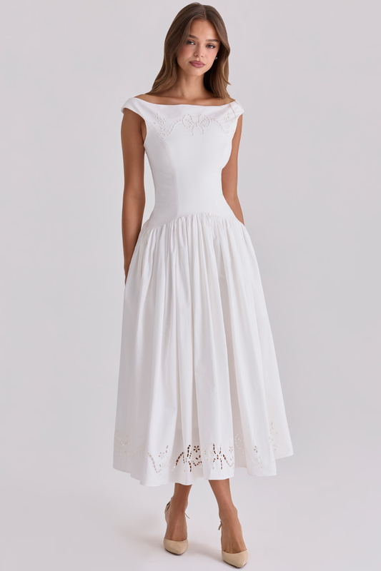 White Cotton Broderie Maxi Dress